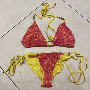Beach Bunny Neon Pink Yellow String Bikini Set